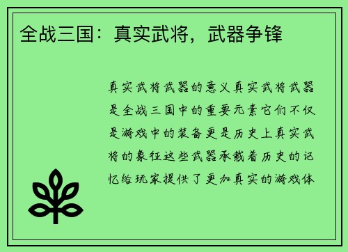 全战三国：真实武将，武器争锋