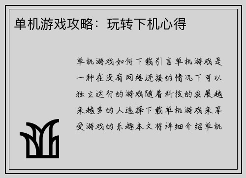 单机游戏攻略：玩转下机心得