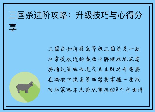 三国杀进阶攻略：升级技巧与心得分享