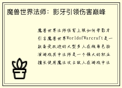 魔兽世界法师：影牙引领伤害巅峰