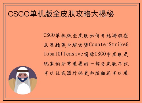 CSGO单机版全皮肤攻略大揭秘